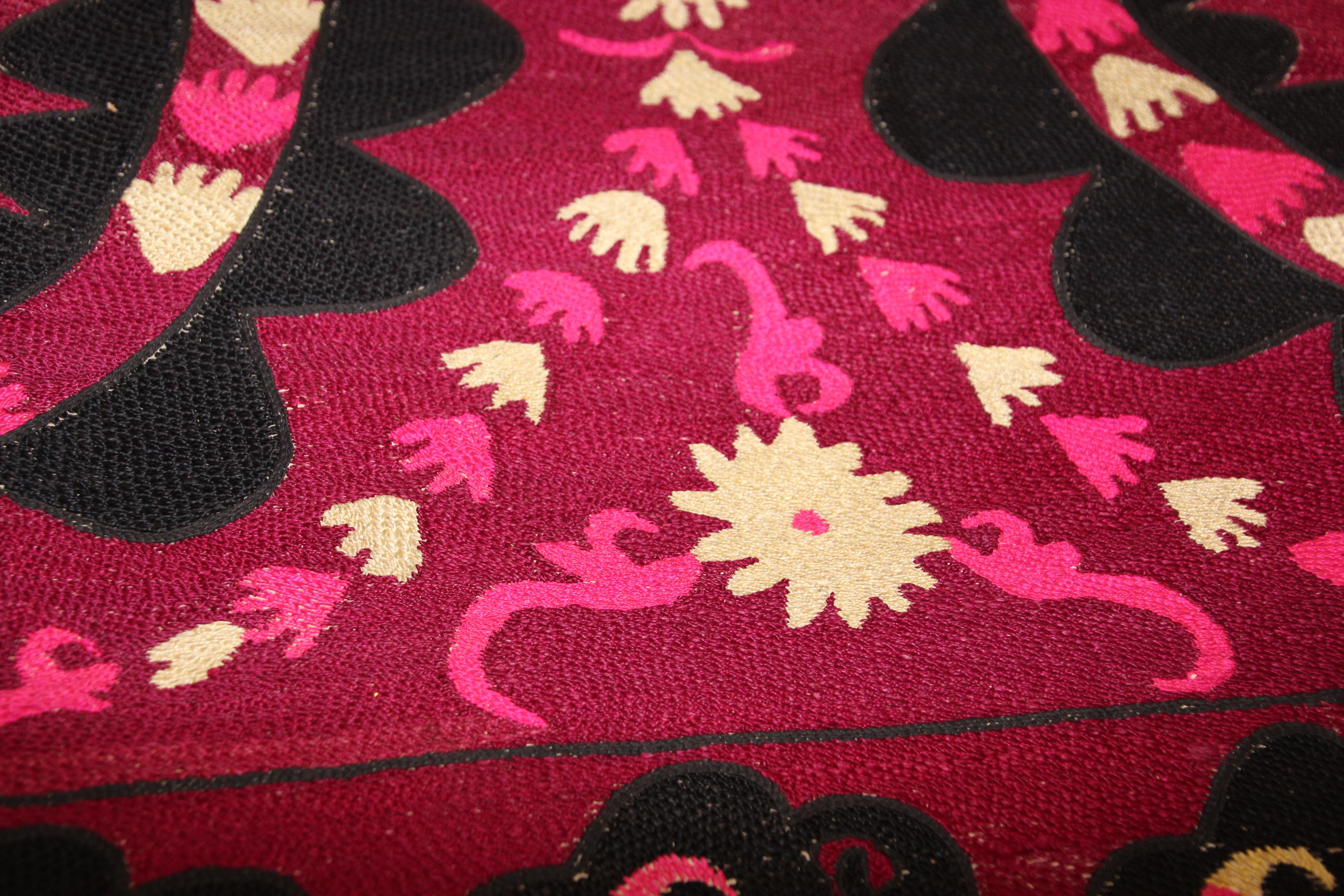 Vintage Embroidered Uzbek Suzani Pink and Black 10