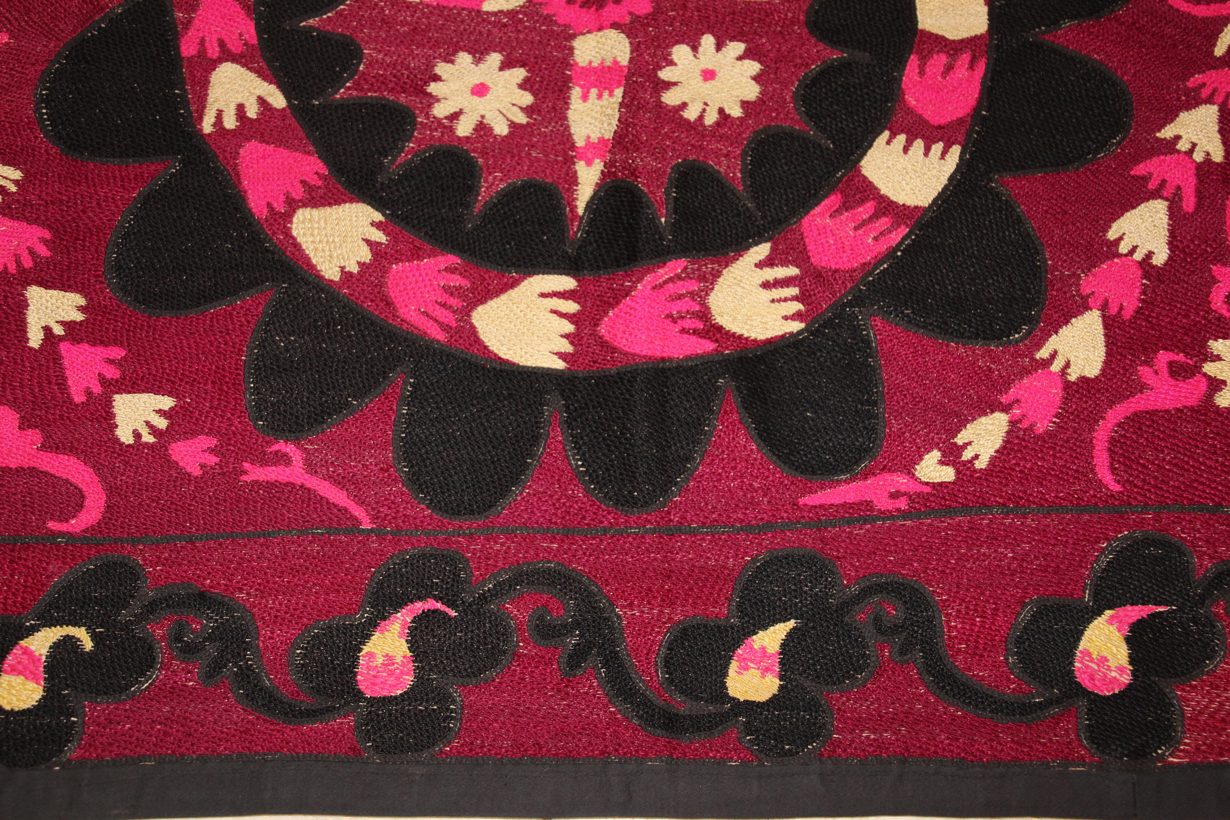 Vintage Embroidered Uzbek Suzani Pink and Black 11