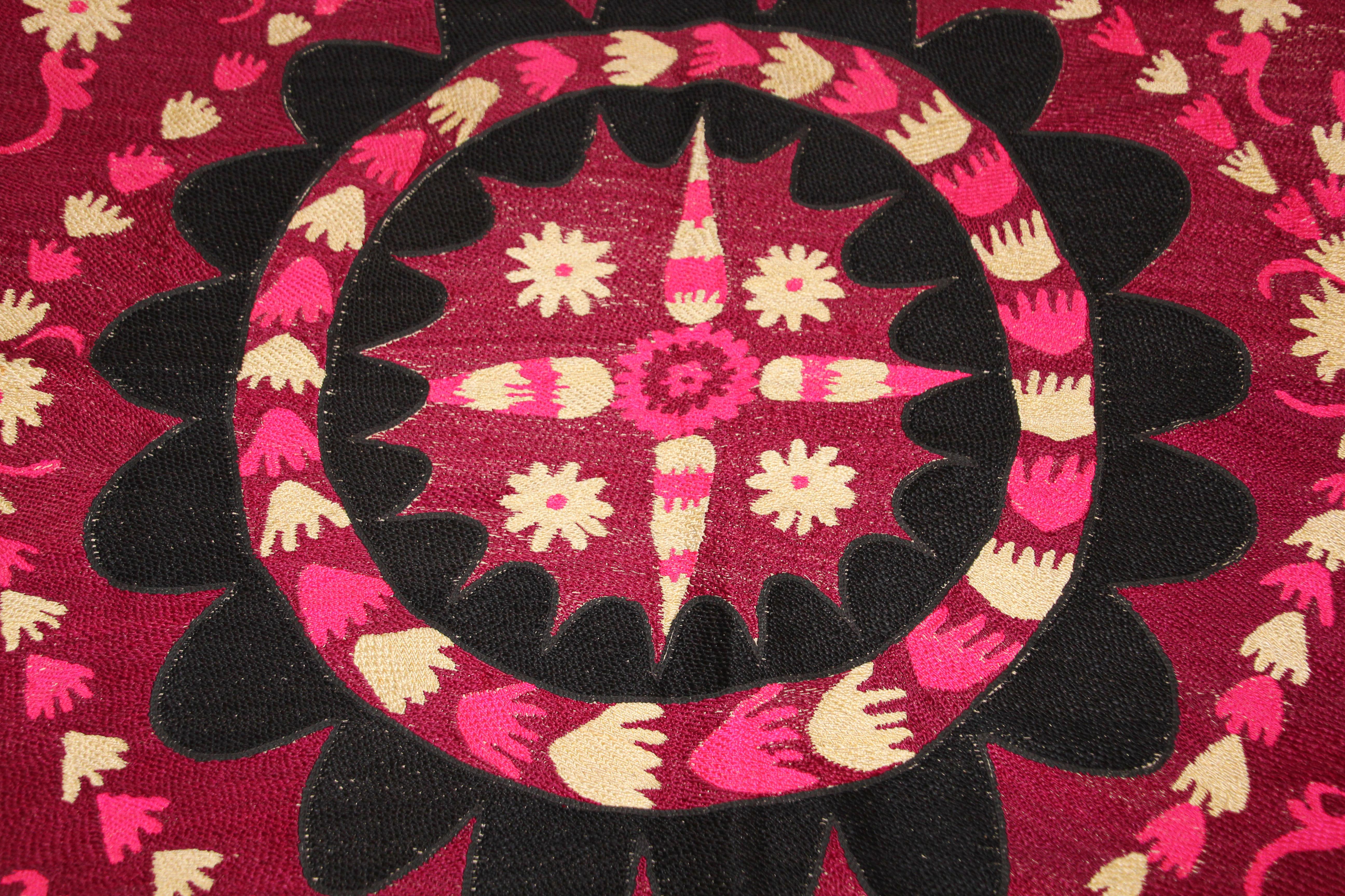 Vintage Embroidered Uzbek Suzani Pink and Black 12