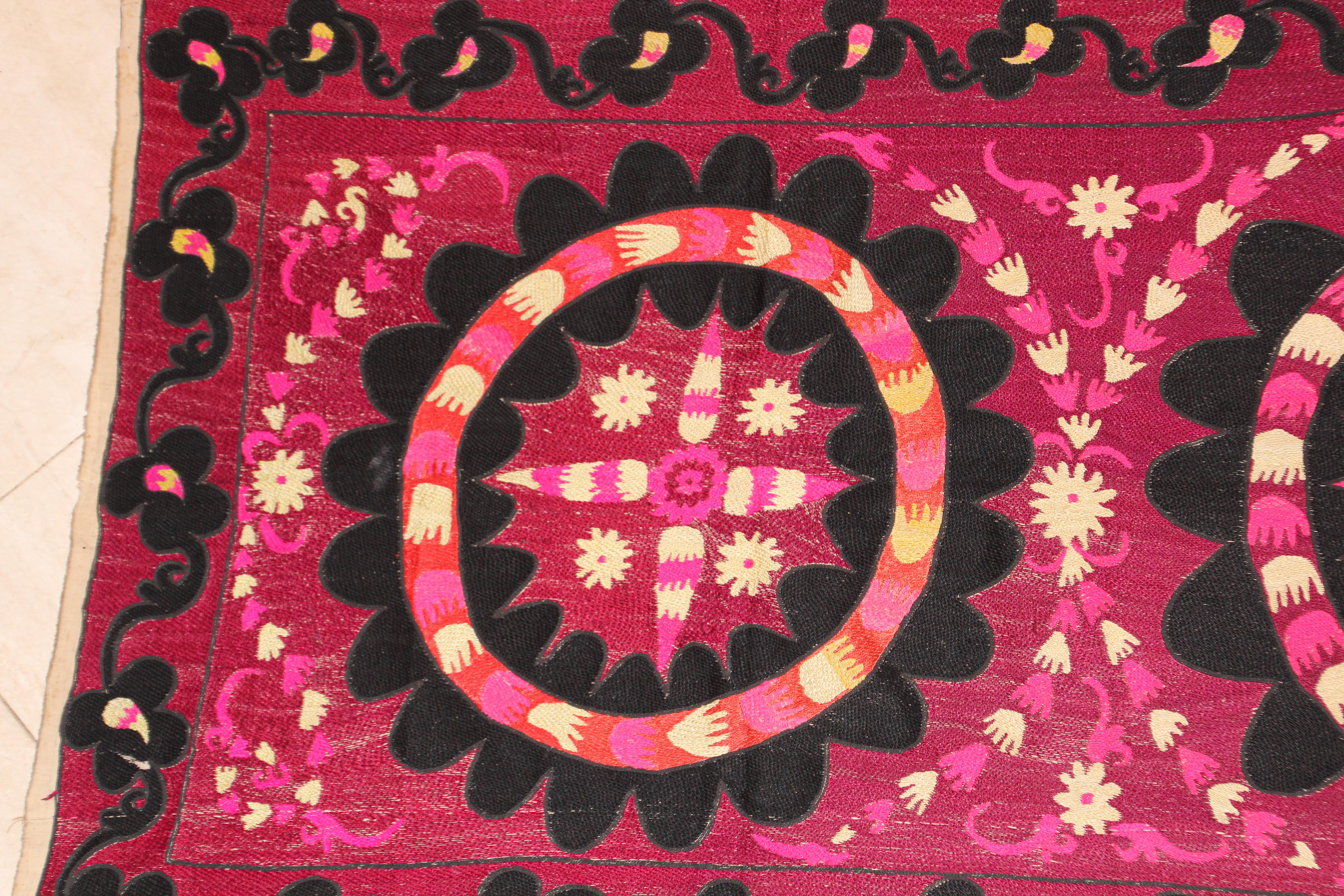 Turkish Vintage Embroidered Uzbek Suzani Pink and Black