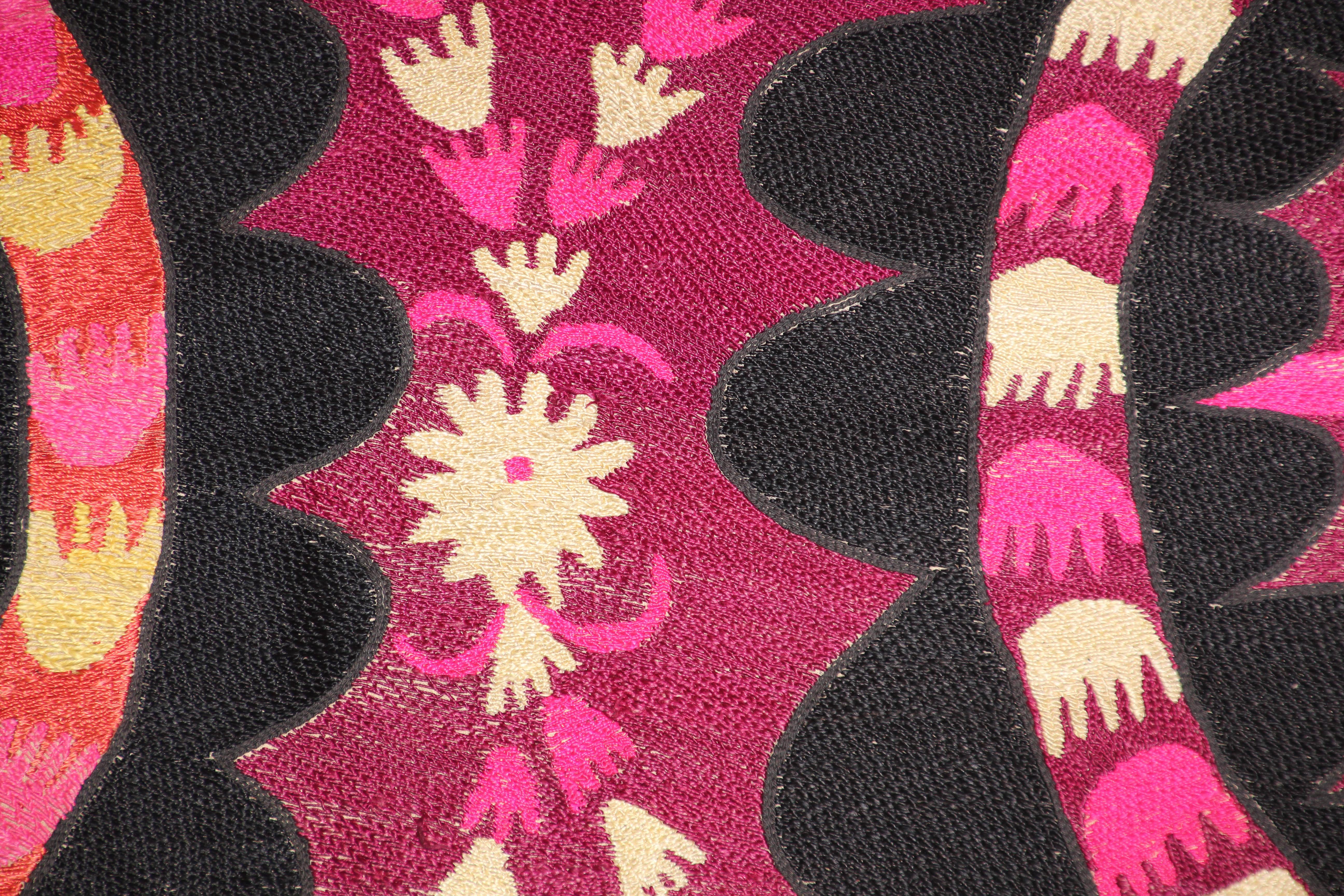20th Century Vintage Embroidered Uzbek Suzani Pink and Black