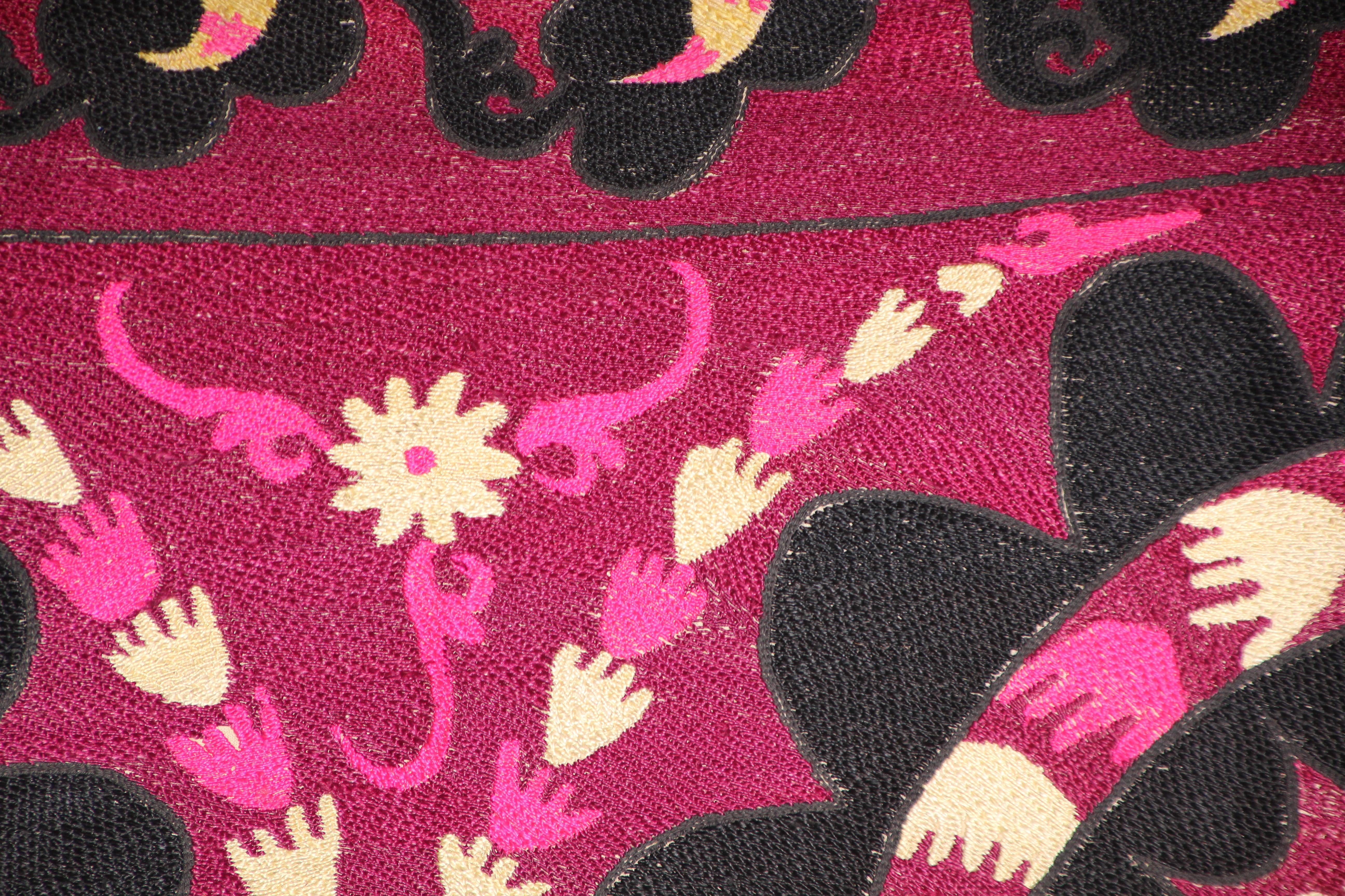 Cotton Vintage Embroidered Uzbek Suzani Pink and Black