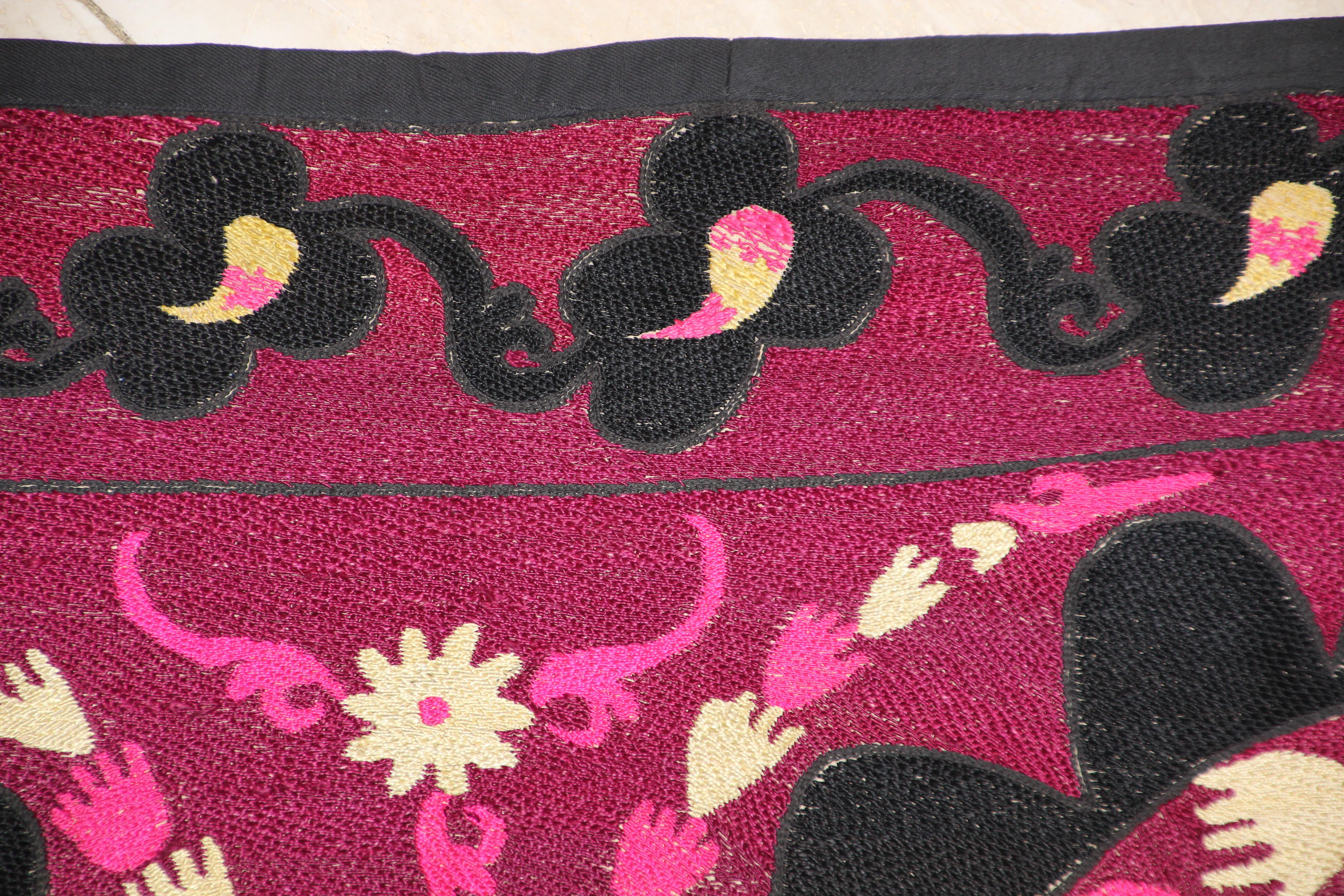 Vintage Embroidered Uzbek Suzani Pink and Black 1