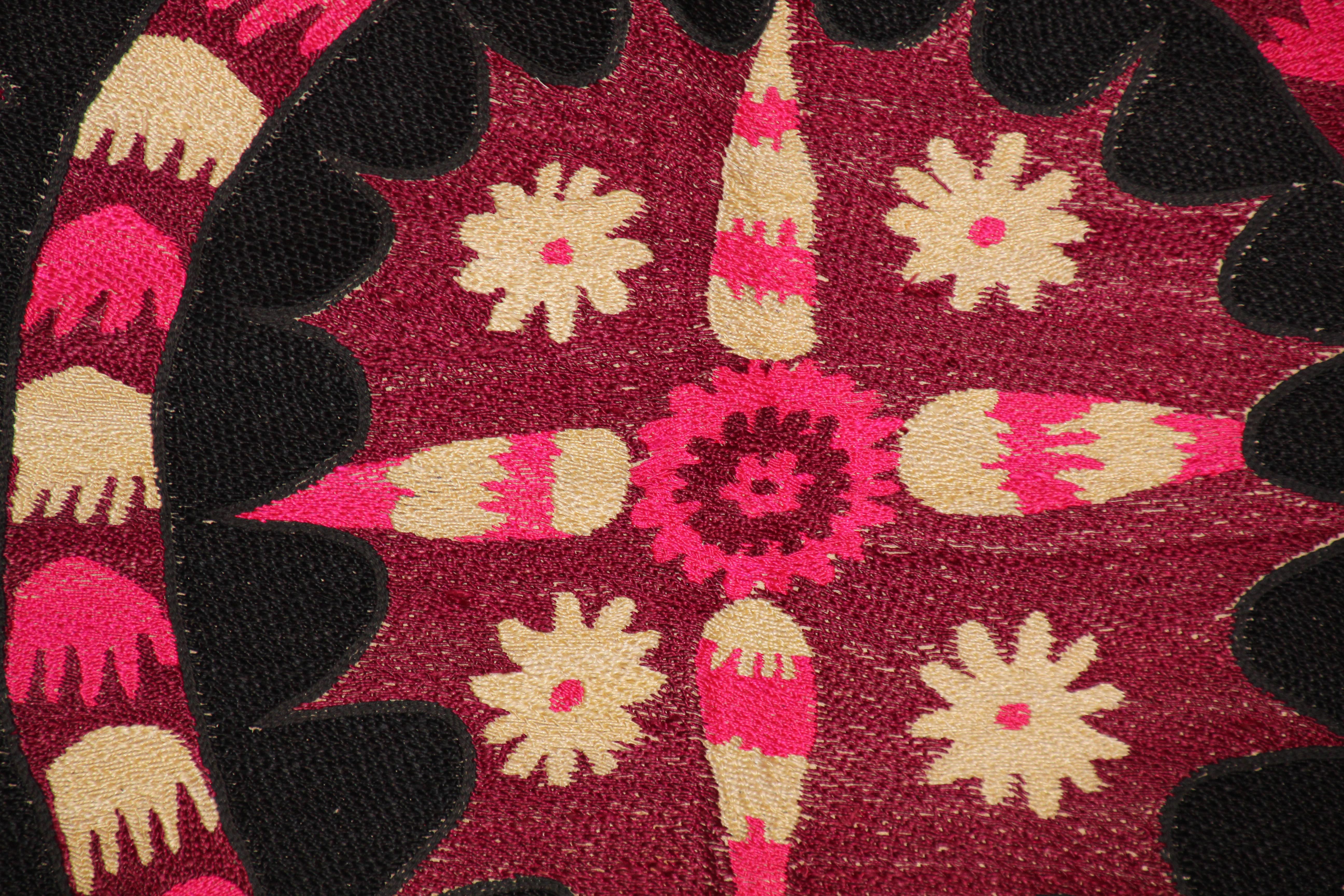 Vintage Embroidered Uzbek Suzani Pink and Black 2