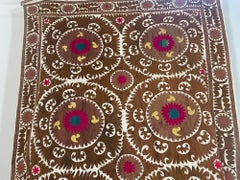 Vintage Embroidered Uzbekistan Suzani Tapestry Wall Hanging Brown and Pink XL
