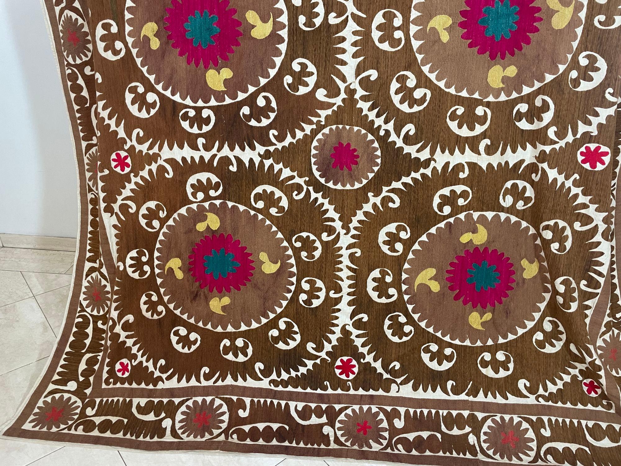 Hand-Crafted Vintage Embroidered Uzbekistan Suzani Tapestry Wall Hanging Brown and Pink XL For Sale