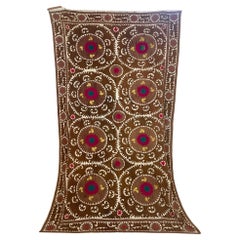 Retro Embroidered Uzbekistan Suzani Tapestry Wall Hanging Brown and Pink XL