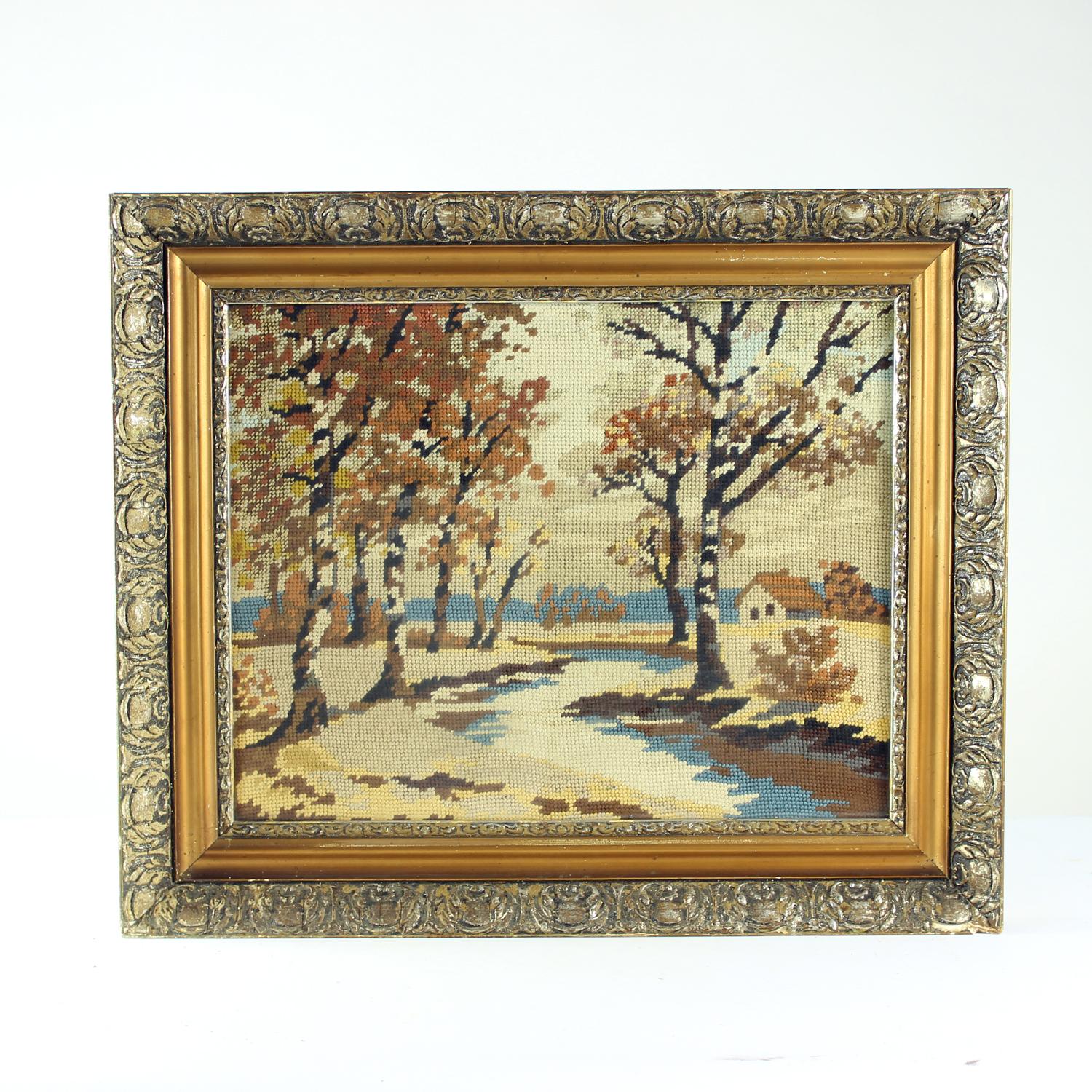 Vintage-Stickerei Wandkunst in einem Rahmen, 1950er Jahre (Mitte des 20. Jahrhunderts) im Angebot