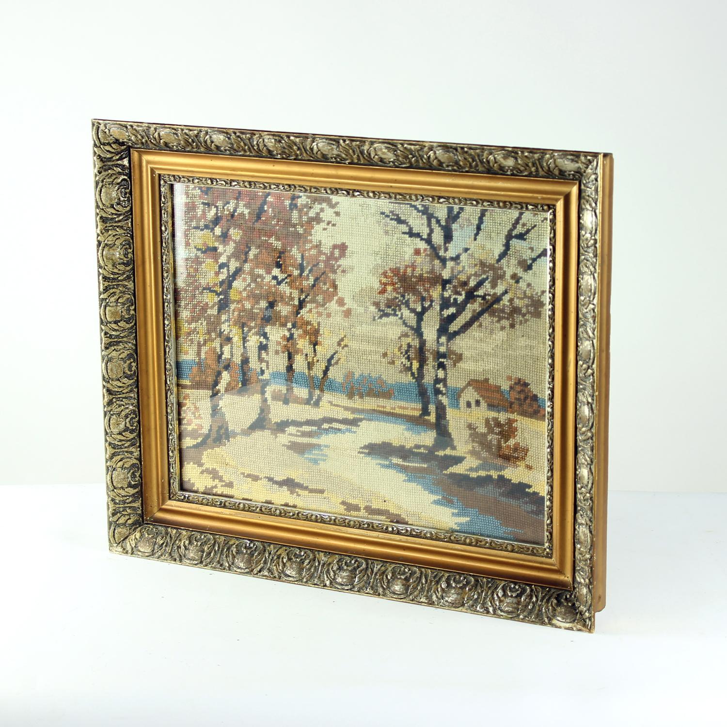 Vintage-Stickerei Wandkunst in einem Rahmen, 1950er Jahre (Textil) im Angebot
