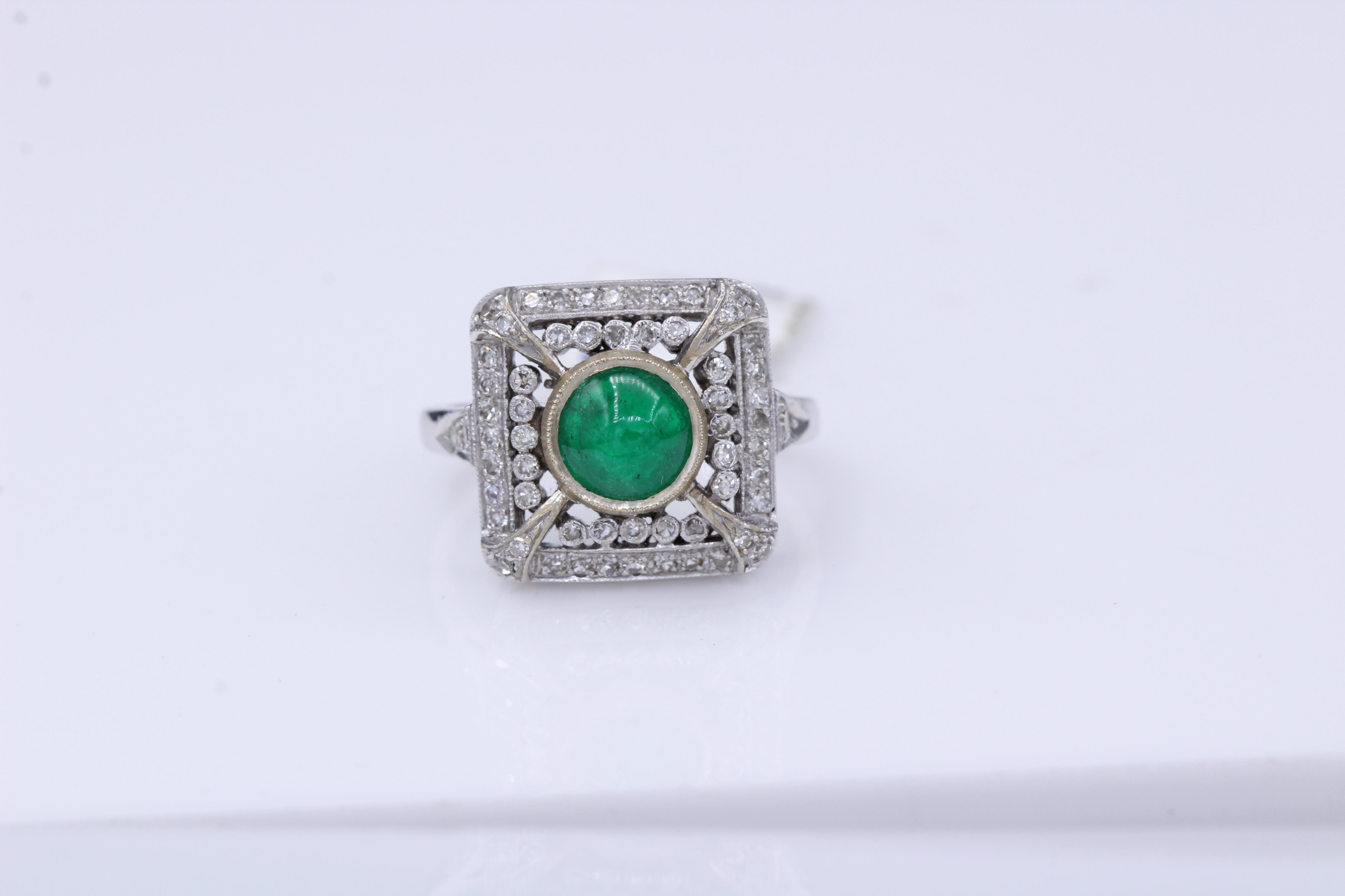 Victorian Vintage Emerald 18 Karat White Gold Ring with Diamonds Cabochon Emerald Ring