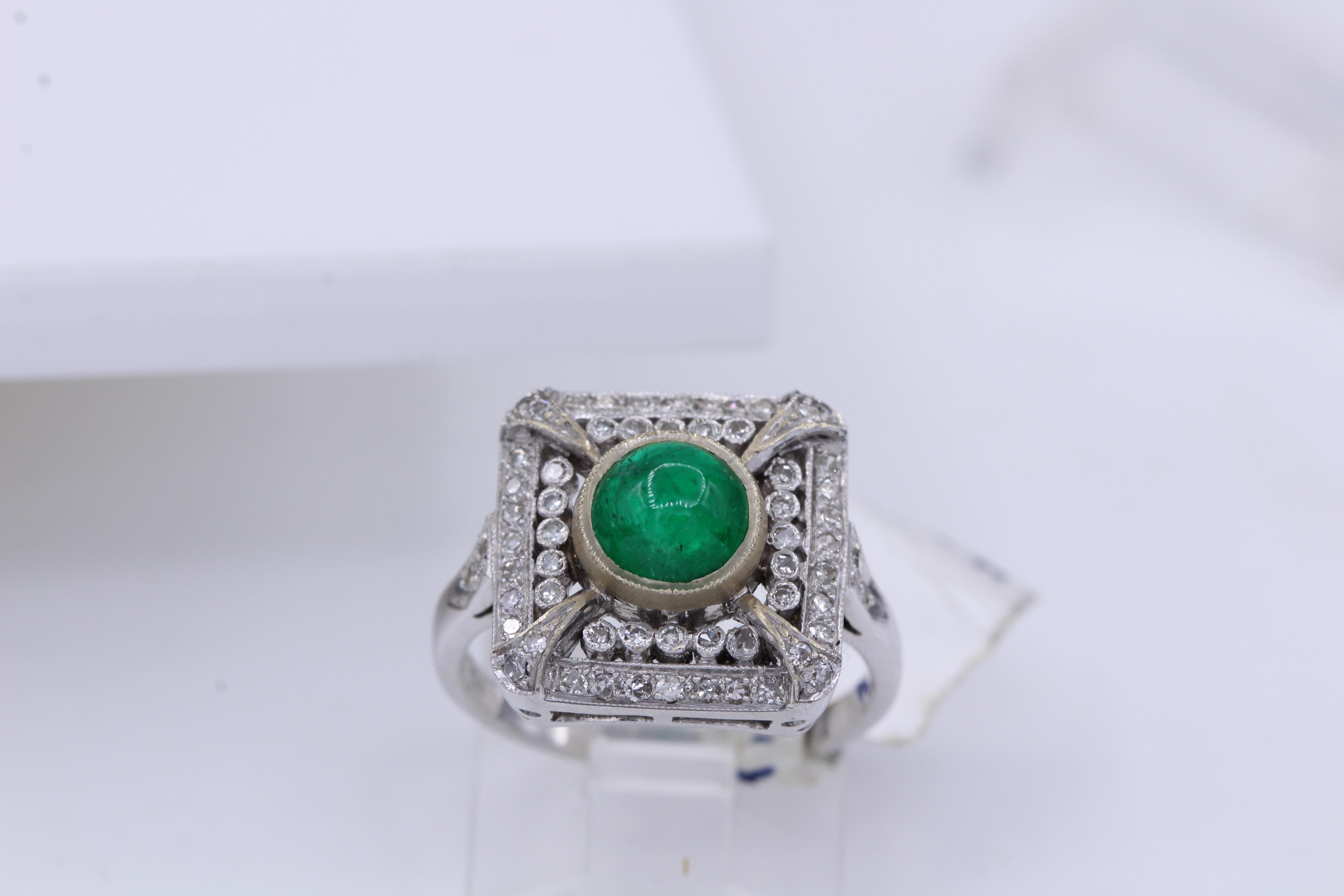 Vintage Emerald 18 Karat White Gold Ring with Diamonds Cabochon Emerald Ring 1