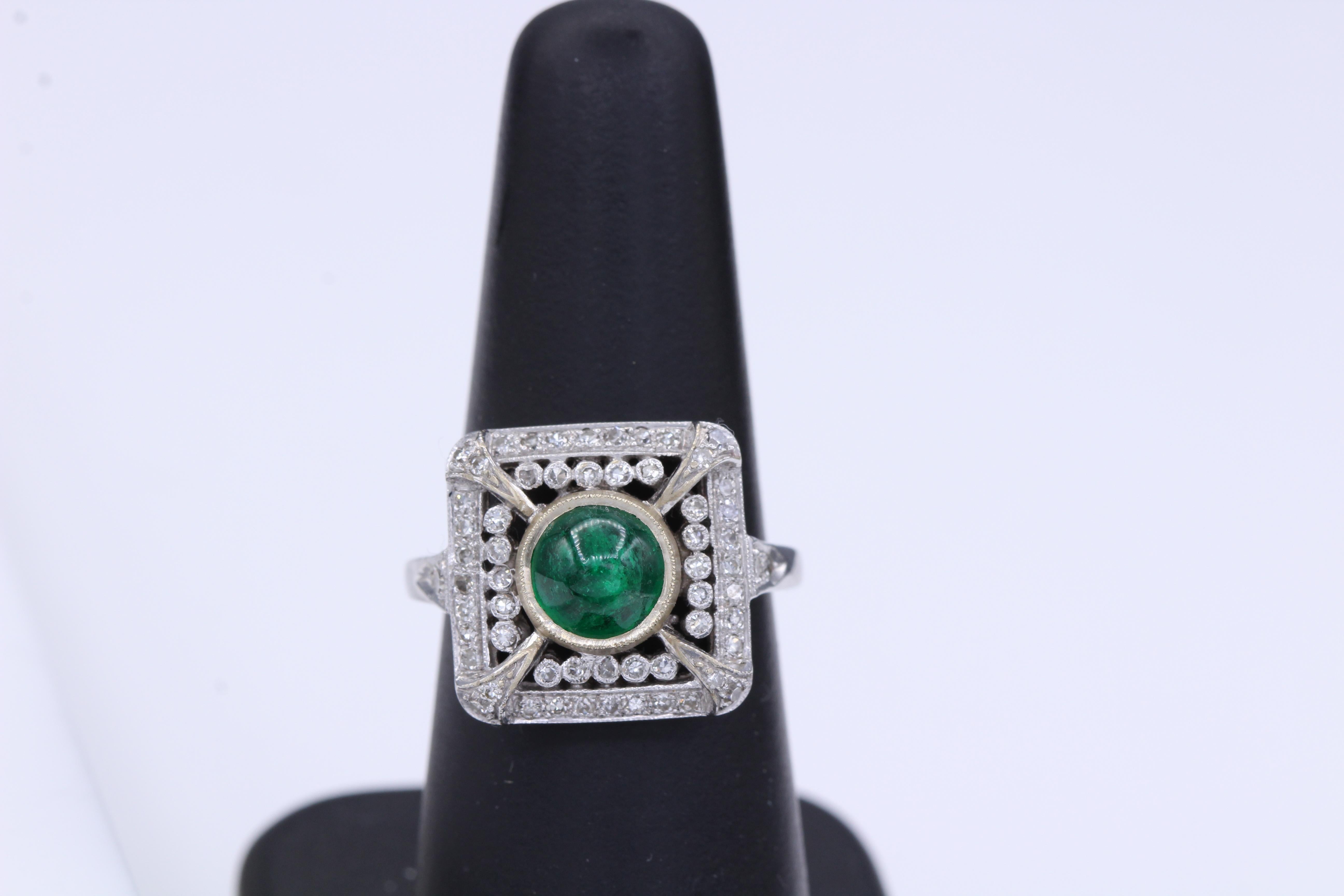 Vintage Emerald 18 Karat White Gold Ring with Diamonds Cabochon Emerald Ring 2