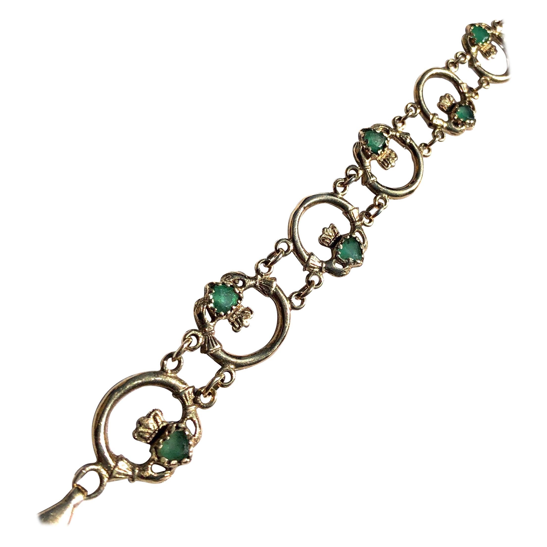 Vintage Emerald and 9 Carat Gold Claddagh Bracelet