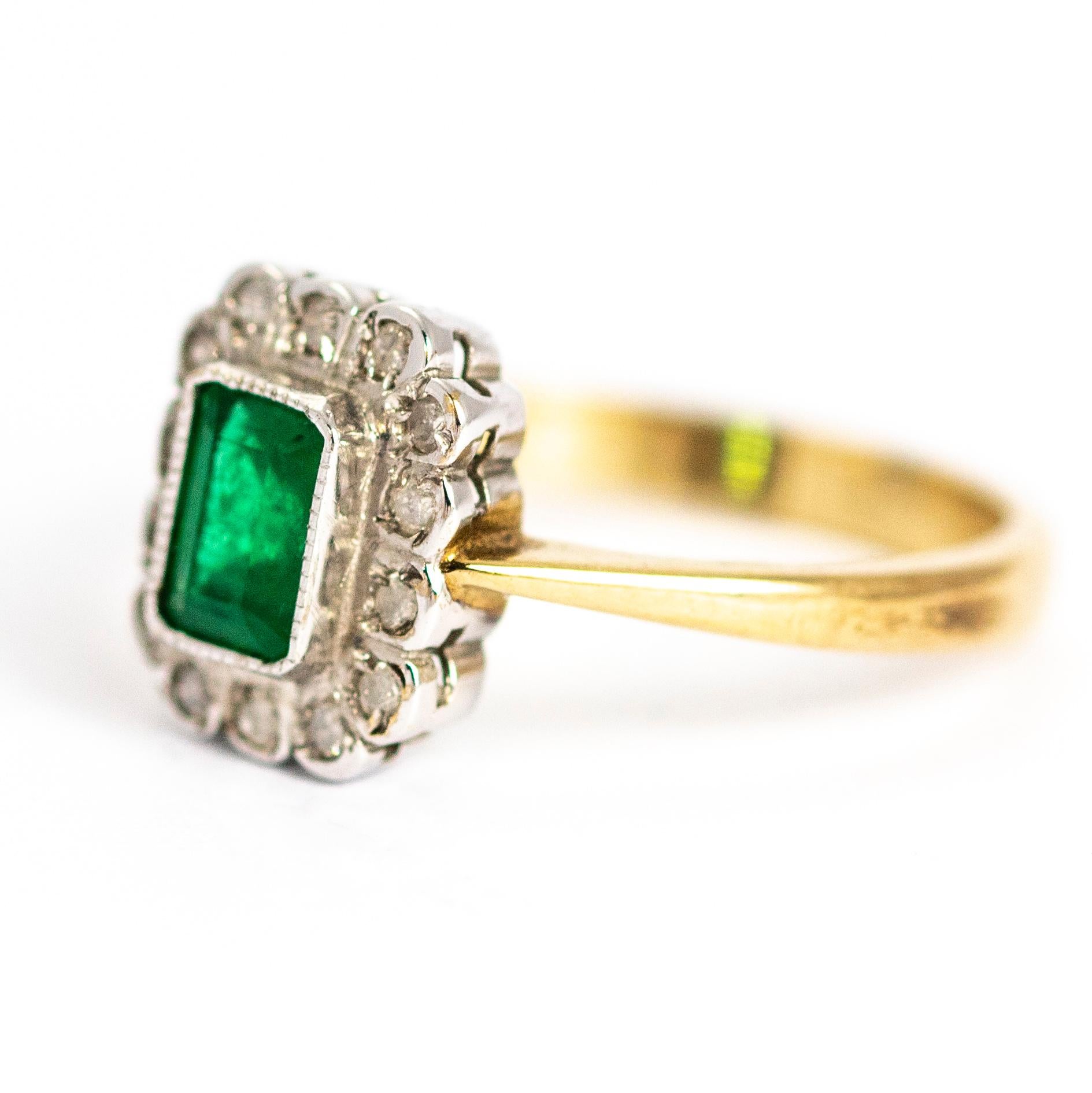 This stunning emerald cut Emerald is sat perfectly surrounded by diamonds all set in platinum. The deep green of the Emerald really pops next to the bright diamonds. Modelled in 9ct gold.

Ring Size: N 1/2 or 7