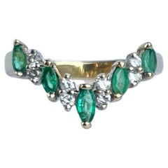 Vintage Emerald and Diamond 14 Carat Gold Wishbone Ring