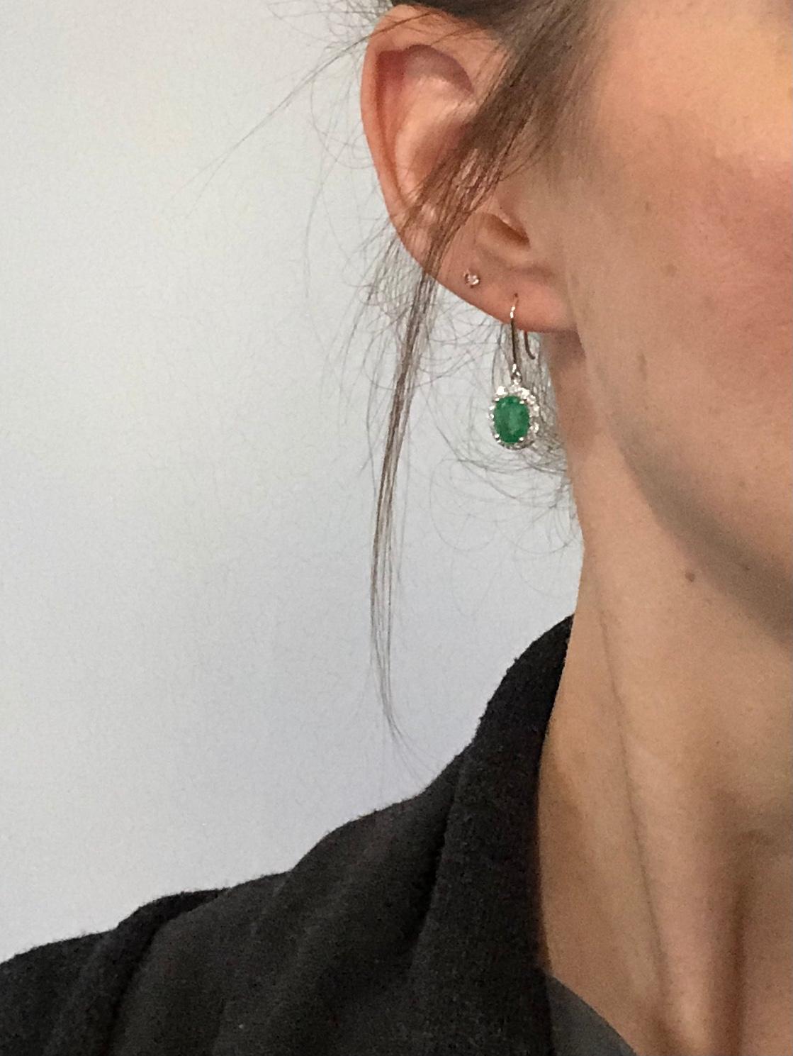 Emerald Cut Vintage Emerald and Diamond 14 Carat White Gold Drop Earrings