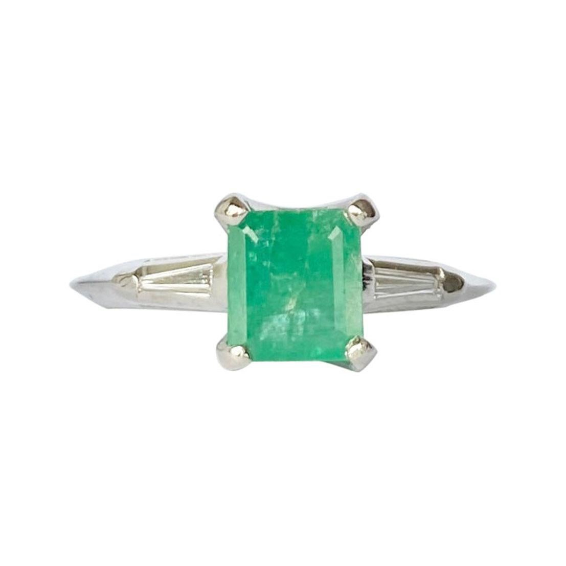 Vintage Emerald and Diamond 14 Carat White Gold Solitaire Ring