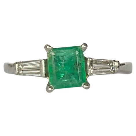 Vintage Emerald and Diamond 14 Carat White Gold Solitaire Ring For Sale