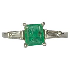 Vintage Emerald and Diamond 14 Carat White Gold Solitaire Ring