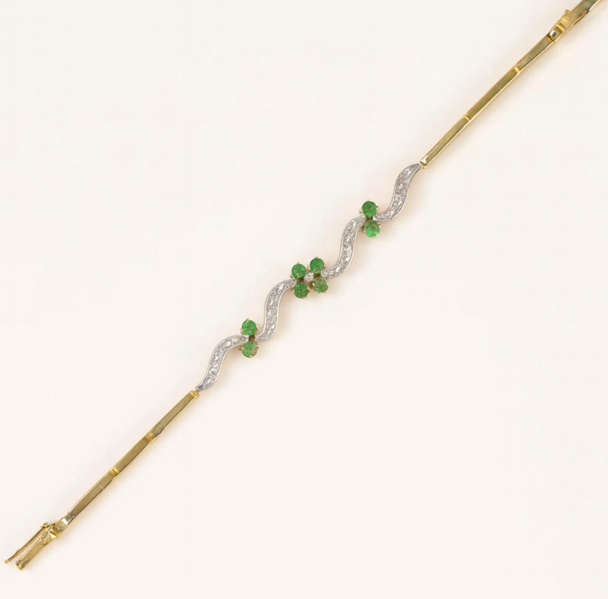 Retro Vintage Emerald and Diamond 14K Two-Tone Gold Mid-Century Bracelet For Sale