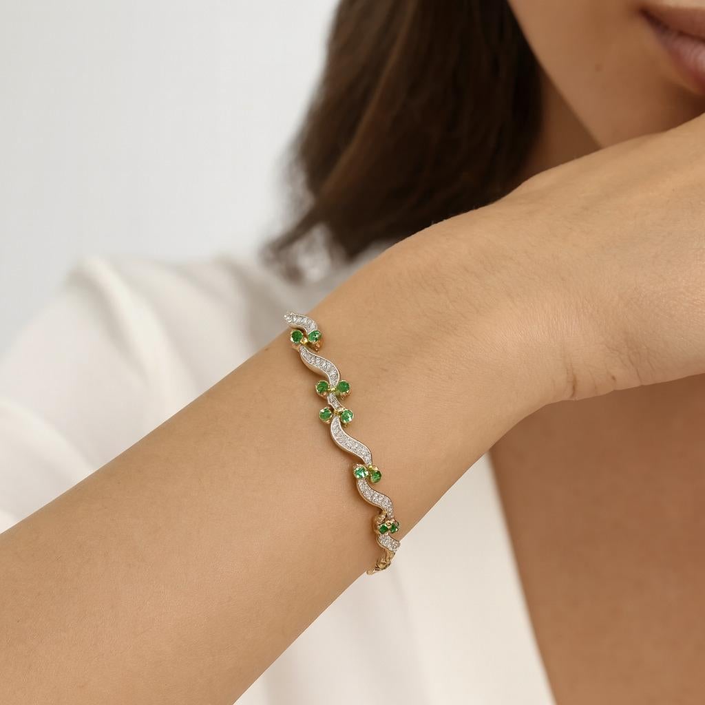 Vintage Emerald and Diamond 14K Two-Tone Gold Mid-Century Bracelet For Sale