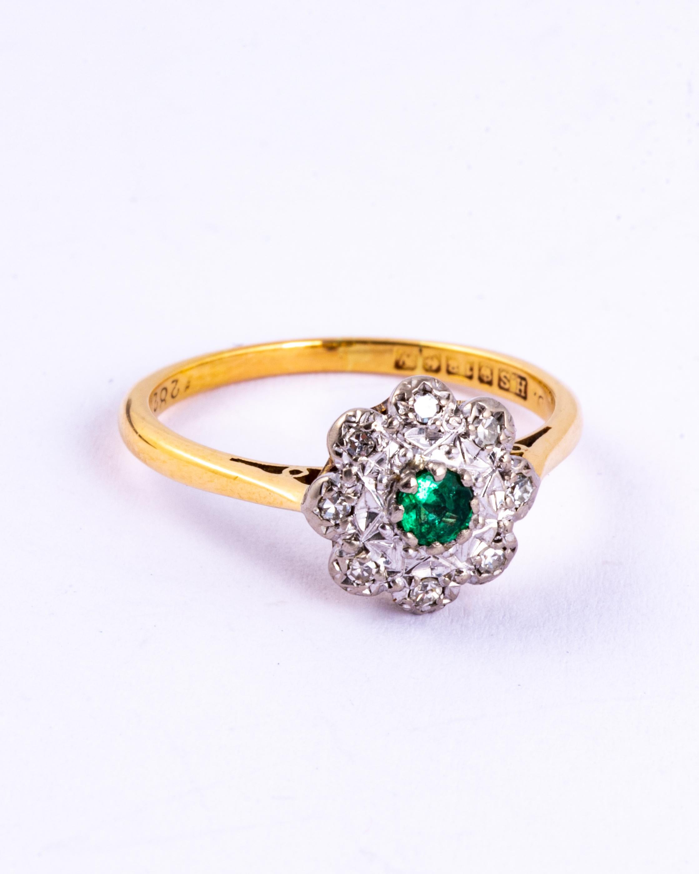 The wonderful bright emerald at the centre of this cluster measures approximately 20pts and is surrounded by a glittering halo of diamonds each measuring 3pts each. The stones are set in platinum and the rest of the ring is modelled in 18ct gold.