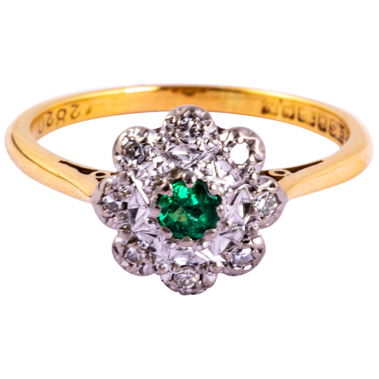 Vintage Emerald and Diamond 18 Carat Cluster Ring For Sale
