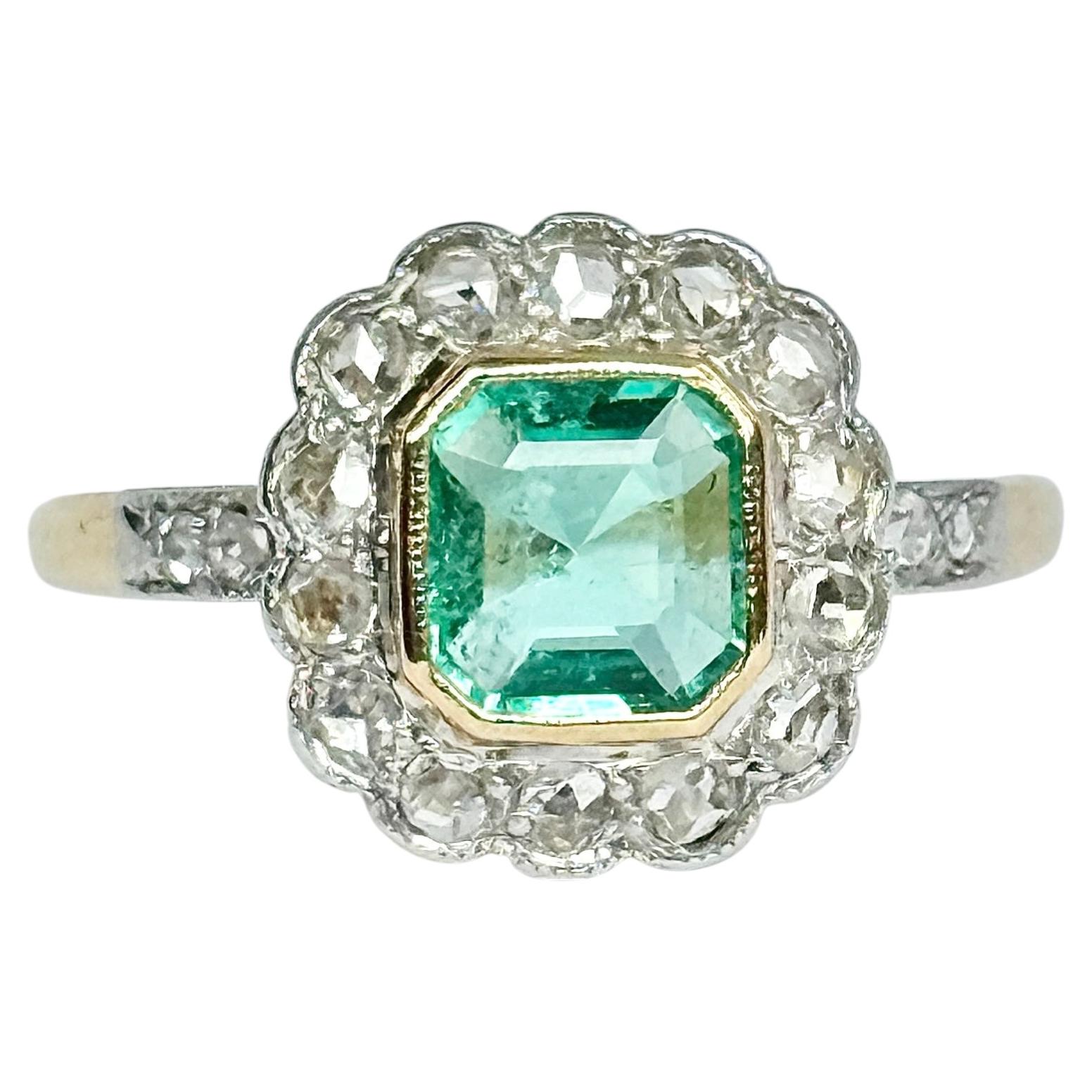 Vintage Emerald and Diamond 18 Carat Gold Cluster Panel Ring