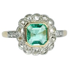 Vintage Emerald and Diamond 18 Carat Gold Cluster Panel Ring