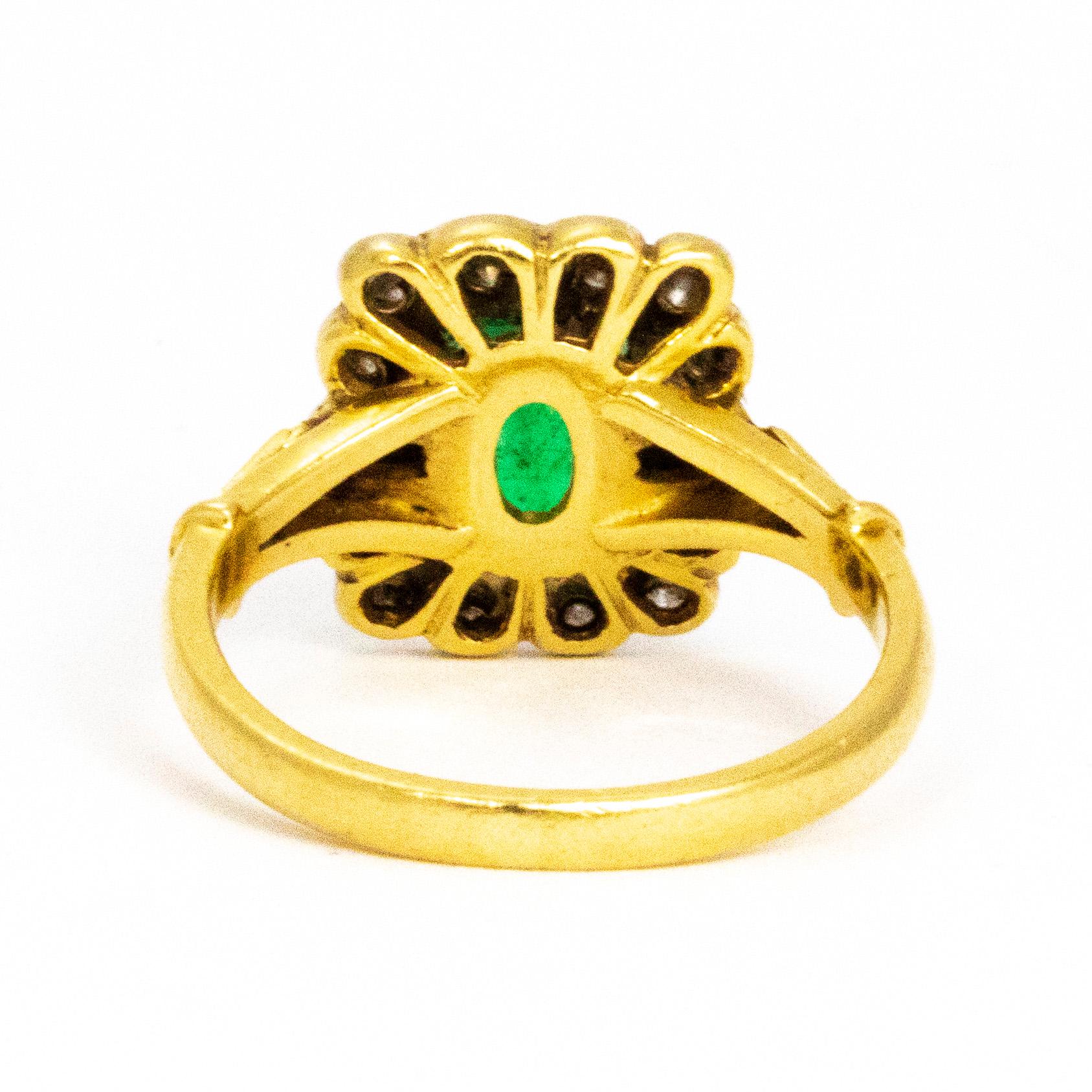 Modern Vintage Emerald and Diamond 18 Carat Gold Cluster Ring