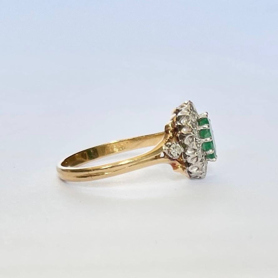 Vintage 18 Karat Gold Cluster-Ring mit Smaragd und Diamant Damen