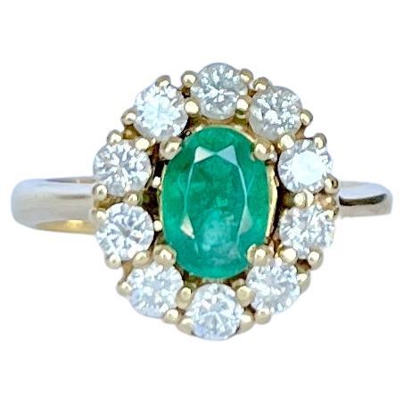 Vintage Emerald and Diamond 18 Carat Gold Cluster Ring For Sale