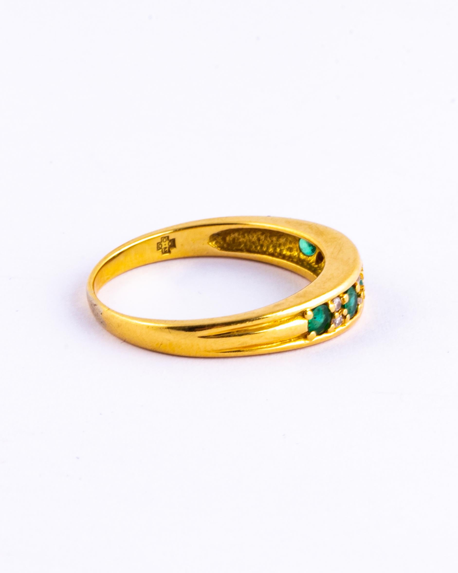 Modern Vintage Emerald and Diamond 18 Carat Gold Half Eternity Band