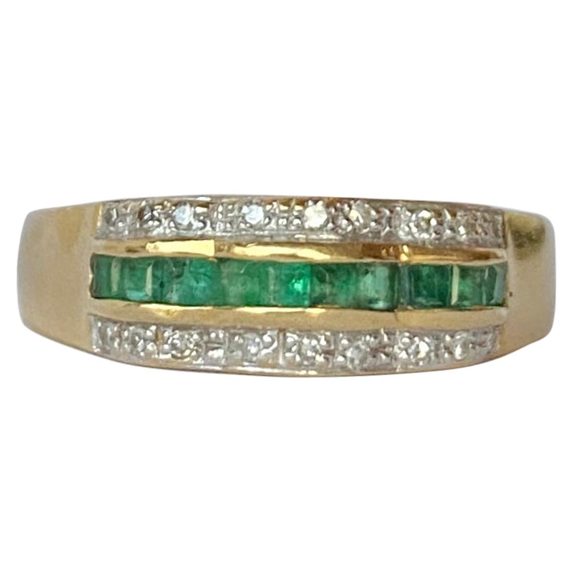 Vintage Emerald and Diamond 18 Carat Gold Half Eternity Band For Sale