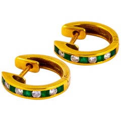 Vintage Emerald and Diamond 18 Carat Gold Hoop Stud Earrings