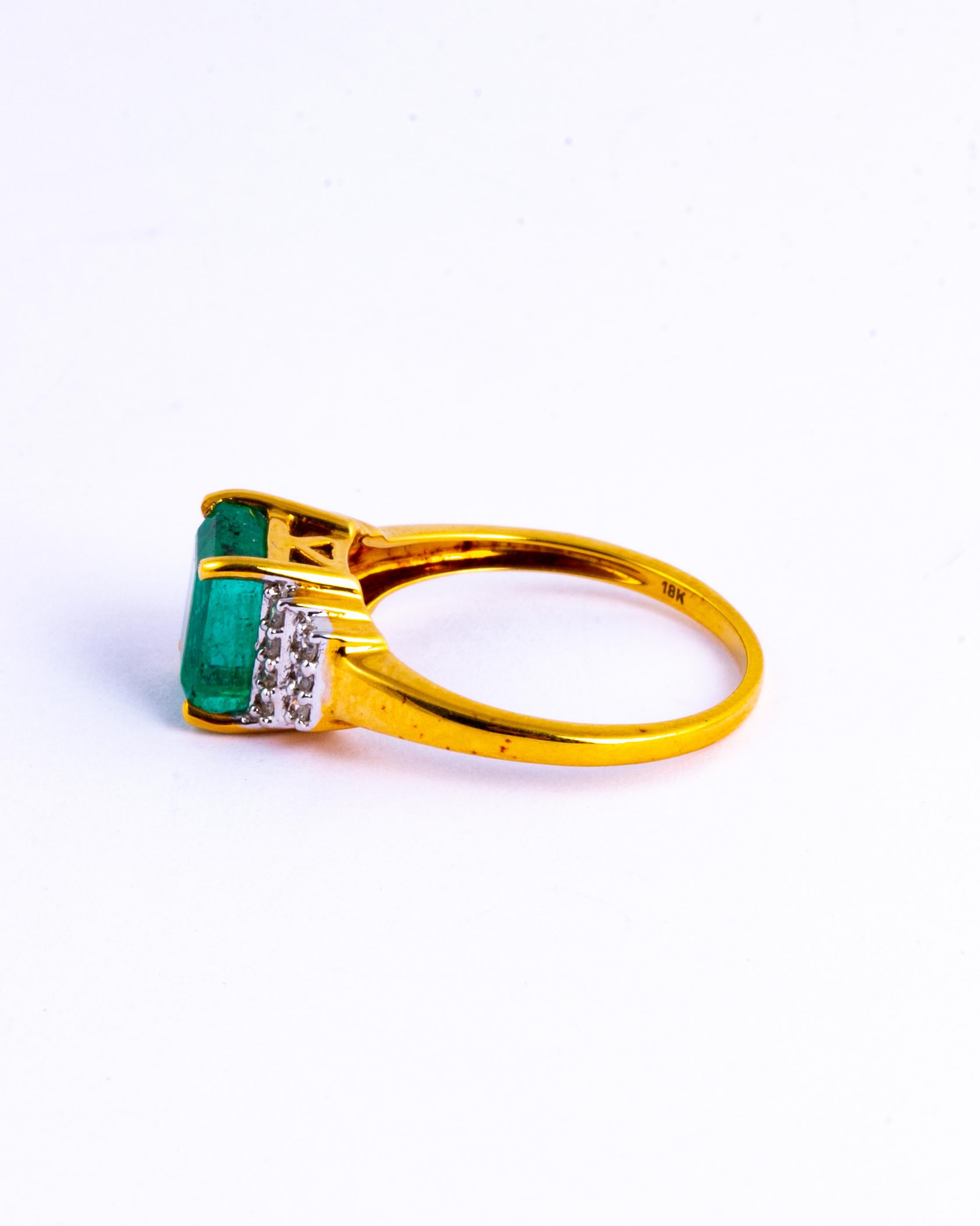 Modern Vintage Emerald and Diamond 18 Carat Gold Solitaire Ring