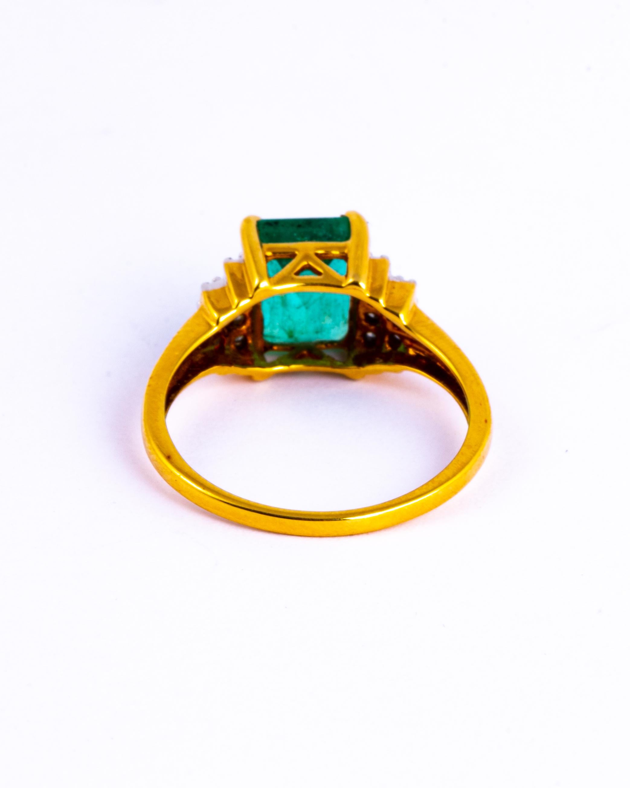 Emerald Cut Vintage Emerald and Diamond 18 Carat Gold Solitaire Ring