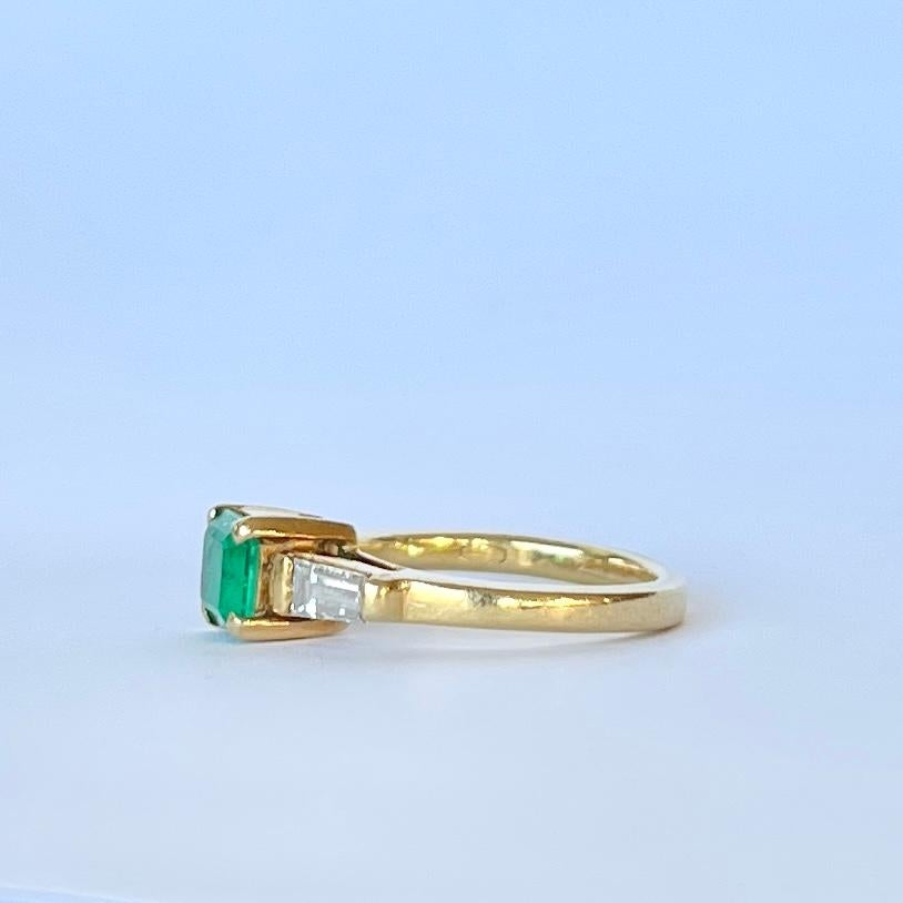 Vintage Solitär-Ring mit Smaragd und Diamant 18 Karat Gold Damen im Angebot