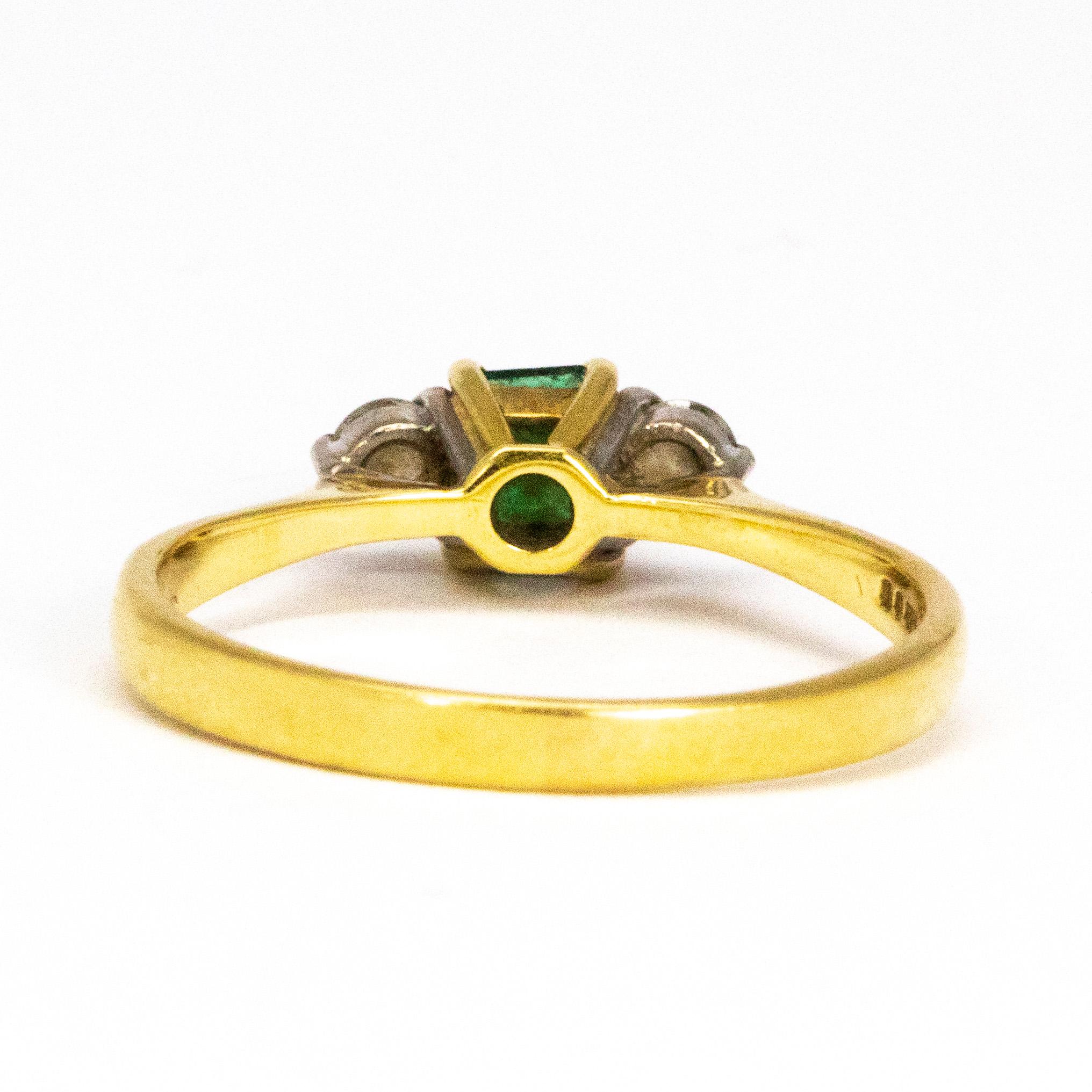 Vintage Emerald and Diamond 18 Carat Gold Three-Stone Ring In Good Condition In Chipping Campden, GB