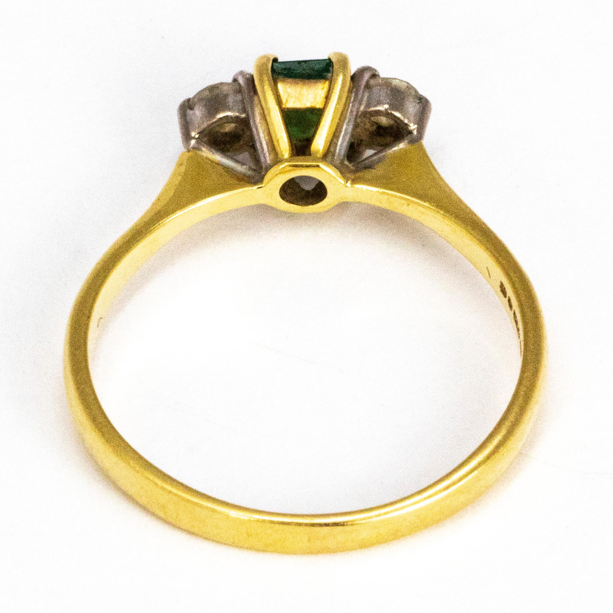 Women's Vintage Emerald and Diamond 18 Carat Gold Three-Stone Ring