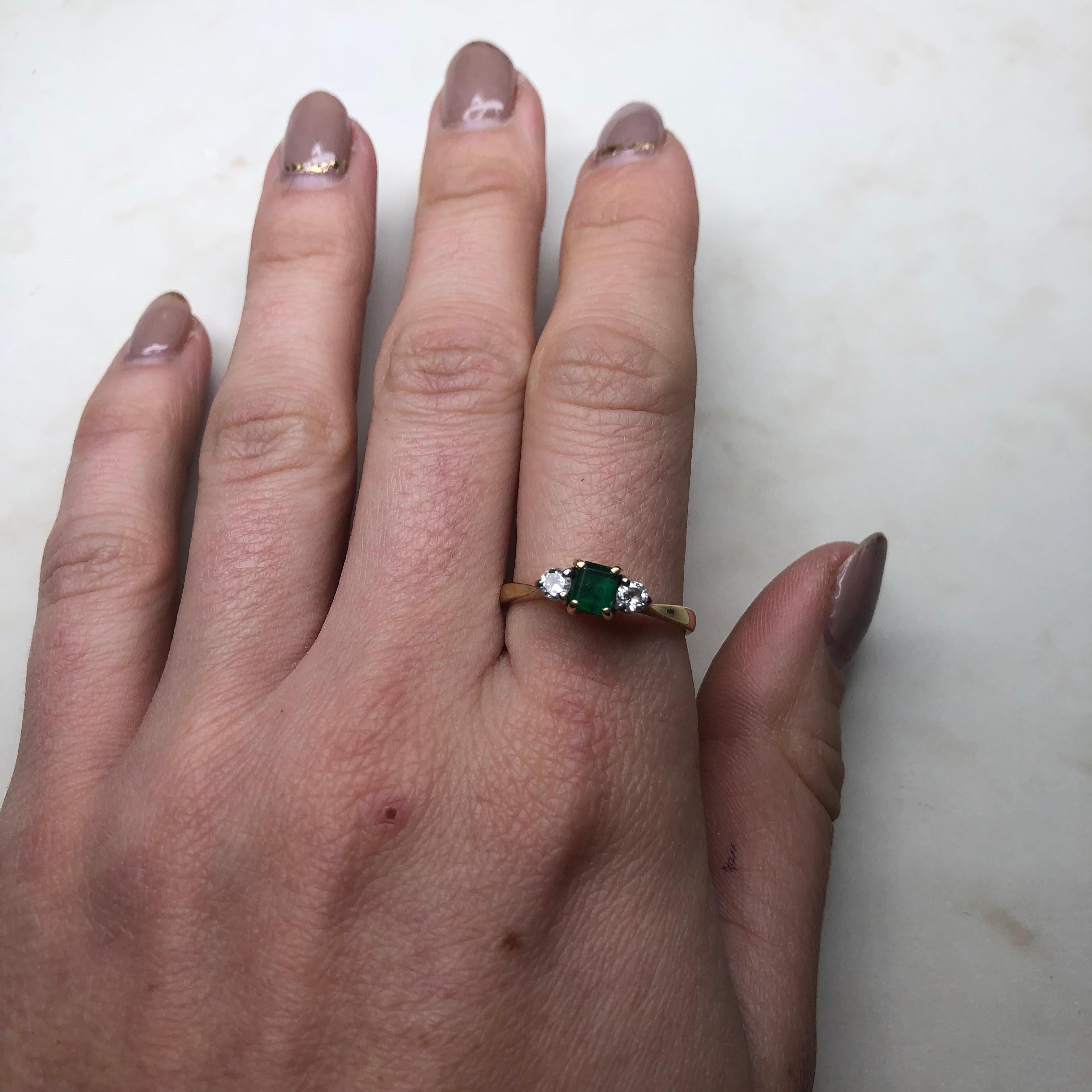 Vintage Emerald and Diamond 18 Carat Gold Three-Stone Ring 1