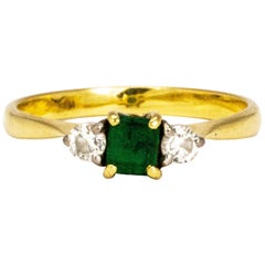 Vintage Emerald and Diamond 18 Carat Gold Three-Stone Ring