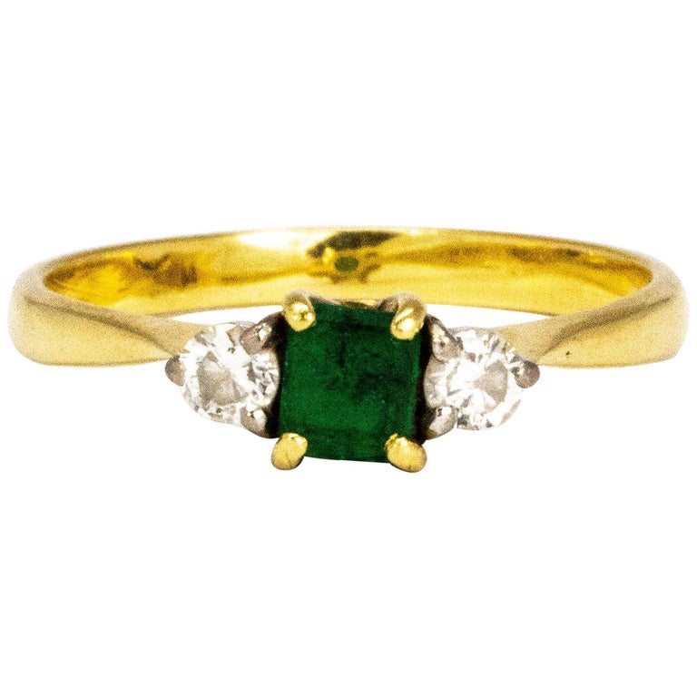 Vintage Emerald and Diamond 18 Carat Gold Three-Stone Ring For Sale at ...