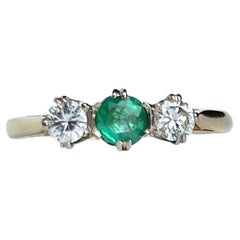 Retro Emerald and Diamond 18 Carat Gold Three-Stone Ring