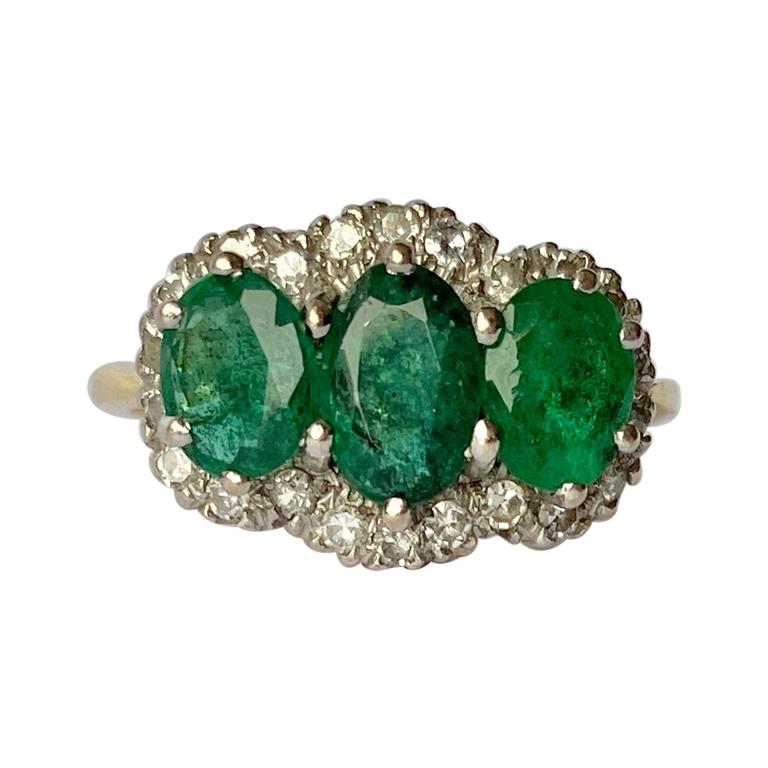 Vintage Emerald and Diamond 18 Carat Gold Triple Cluster Ring
