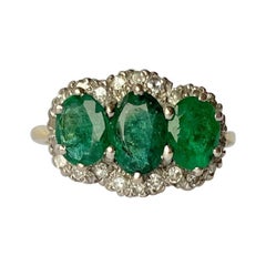 Vintage Emerald and Diamond 18 Carat Gold Triple Cluster Ring