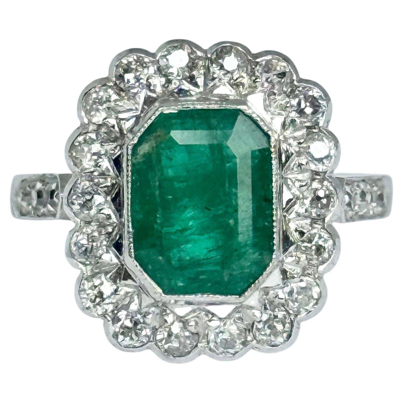 Vintage Emerald and Diamond 18 Carat White Gold Cluster Panel Ring