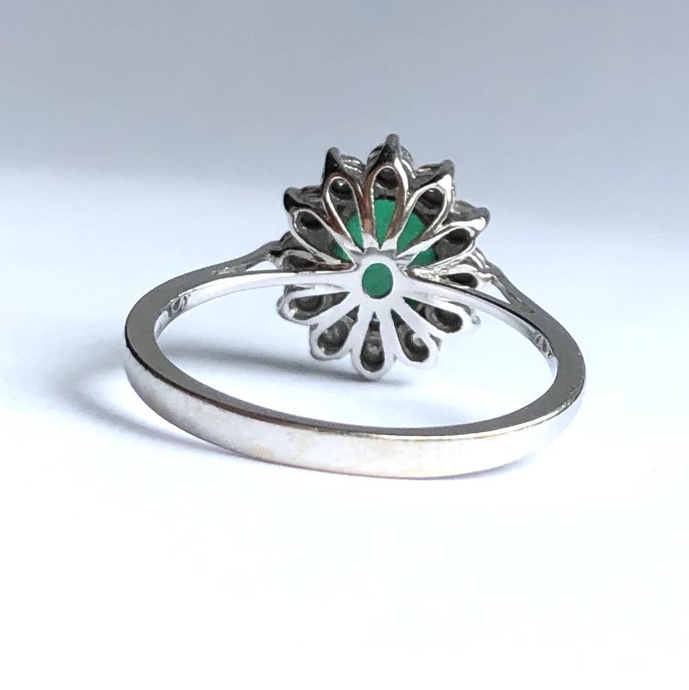 Modern Vintage Emerald and Diamond 18 Carat White Gold Cluster Ring