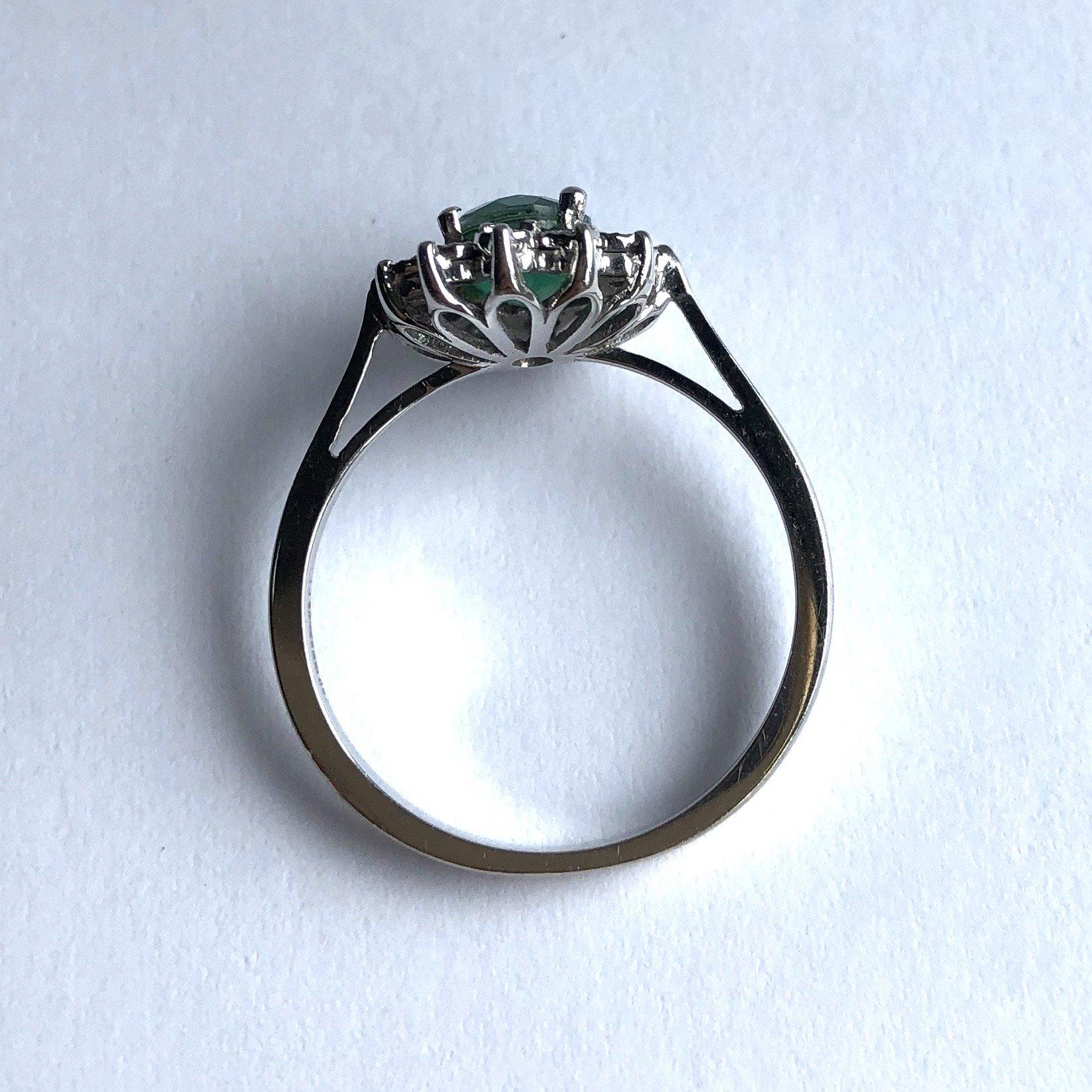 Oval Cut Vintage Emerald and Diamond 18 Carat White Gold Cluster Ring