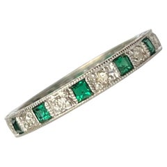 Vintage Emerald and Diamond 18 Carat White Gold Half Eternity Band